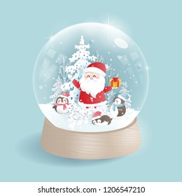 Santa claus and cute penguin in a snow globe for Christmas card celebration. Vector illustration.