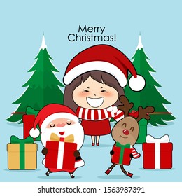 Santa Claus, Cute reindeer, and Cute character girl with santa costume. Christmas background. Christmas Greeting Card. Vector illustration.