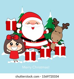 Santa Claus, Cute reindeer, and Cute character girl with santa costume. Christmas background. Christmas Greeting Card. Vector illustration.