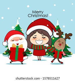 Santa Claus, Cute reindeer, and Cute character girl with santa costume. Christmas background. Christmas Greeting Card. Vector illustration.