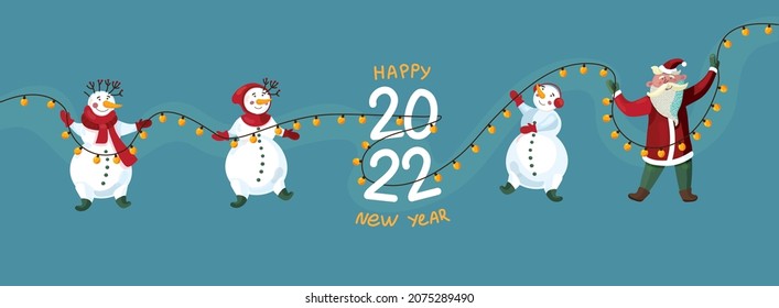 Santa Claus and cute snowmen with Christmas lights. Happy new year banner. Vector cartoon isolated set