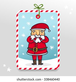 Santa Claus, cute vector gift tag with cartoon Christmas and New Year character on snowy background