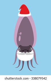 Santa Claus Cuttlefish. Octopus with beard and mustache. Marine animal in  Christmas hat. Underwater inhabitant wishes you  happy new year.
