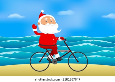 Santa Claus cycling along sea coast. Vector illustration.