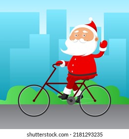 Santa Claus cycling around city. Vector illustration.