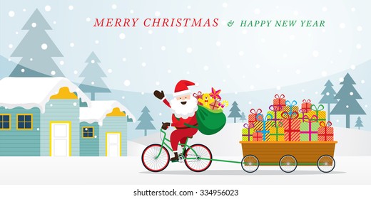 Santa Claus Cycling Bicycles with Gift Boxes in Cart, Houses and Snowfall Background, Merry Christmas and Happy New year