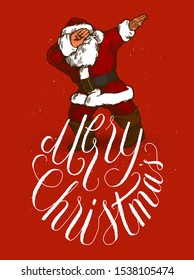 Santa Claus dabbing with a Merry Christmas curly sophisticated calligraphy lettering