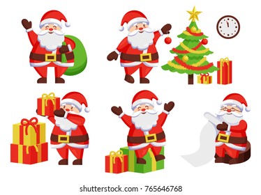 Santa Claus daily activities vector illustration poster. Father Frost decoration New Year tree by hanging color ball, winter holiday symbols vector