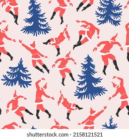 Santa Claus dance around Christmas tree Matisse inspired vector seamless pattern. Winter holiday season background. Xmas surface design for gift wrapping paper.