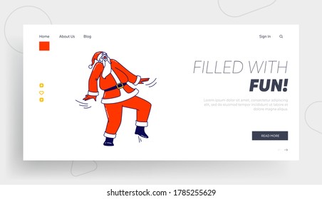 Santa Claus Dance at Party or Xmas Celebration Landing Page Template. Christmas Character in Red Traditional Costume Dancing Performing Cool Modern Motions and Pas. Linear Vector Illustration