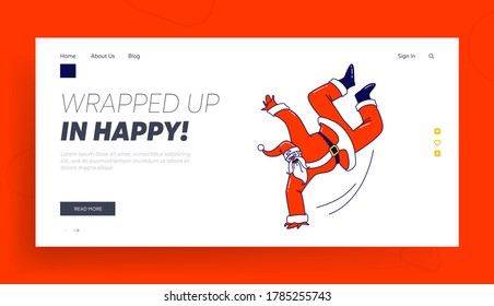 Santa Claus Dancing Brake Standing on One Arm Landing Page Template. Cool Christmas Character in Red Traditional Costume and Hat Performing Modern Youth Dance at Xmas Party. Linear Vector Illustration