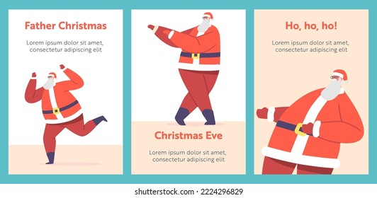 Santa Claus Dancing Cartoon Banners. Funny Christmas Characters Make Dab Move, Dance Break and Hip Hop Style Dance, Young Teenage Culture, Holiday Greeting, DJ Club Party. Vector Illustration, Posters