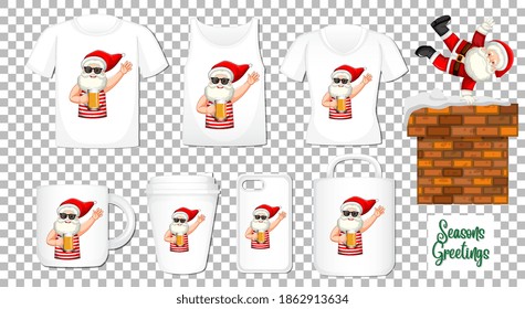 Santa Claus dancing cartoon character with set of different clothes and accessories products on transparent background illustration
