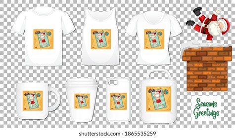Santa Claus dancing cartoon character with set of different clothes and accessories products on transparent background illustration