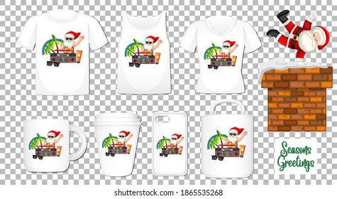 Santa Claus dancing cartoon character with set of different clothes and accessories products on transparent background illustration
