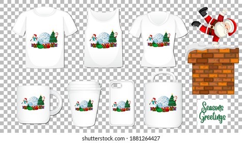 Santa Claus dancing cartoon character with set of different clothes and accessories products on transparent background illustration