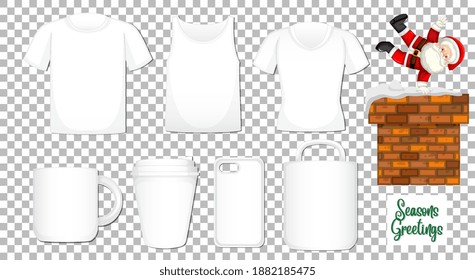 Santa Claus dancing cartoon character with set of different clothes and accessories products on transparent background illustration