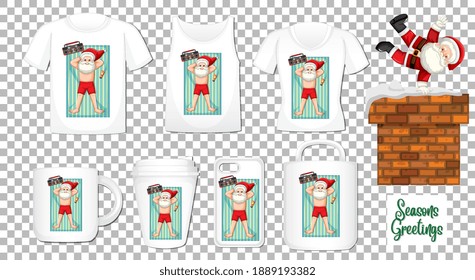 Santa Claus dancing cartoon character with set of different clothes and accessories products on transparent background illustration