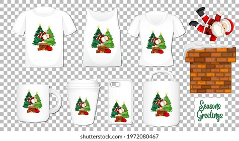 Santa Claus dancing cartoon character with set of different clothes and accessories products on transparent background illustration