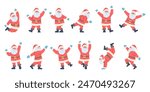 Santa claus dancing. Christmas santa claus in active poses, jumping moving break dance. New year and winter holidays character, recent vector set