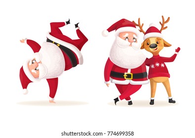 Santa Claus dancing. Christmas character with deer in cartoon style. Vector illustration isolated.
