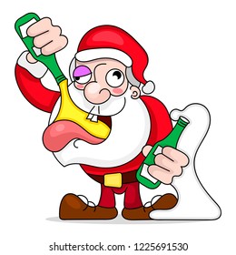 Santa Claus Dancing and Drinking Vector Cartoon - Drunk Claus holding a champagne bottle.