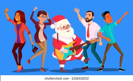 Santa Claus Dancing With Group Of People And Guitar In Hands. Corporate New Year. Christmas Party Vector Illustration
