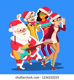 Santa Claus Dancing With Group Of People And Guitar In Hands. Happy People Having Fun Dancing. Christmas Party Vector Illustration
