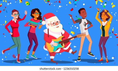 Santa Claus Dancing With Group Of People And Guitar In Hands. Having Fun At Corporate Office. Christmas Party Poster Vector Illustration
