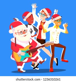 Santa Claus Dancing With Group Of People And Guitar In Hands. Christmas Party Vector Illustration
