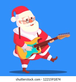 Santa Claus Dancing With Guitar In Hands Vector. Isolated Illustration
