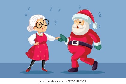 
Santa Claus Dancing with his Wife Vector Cartoon illustration. Funny couple dancing at a Christmas party together their favorite song
