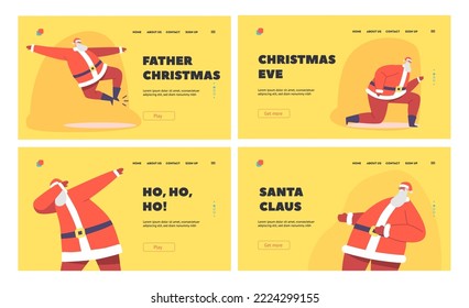 Santa Claus Dancing Landing Page Template Set. Funny Christmas Character Making Dab Move, Dance Break and Hip Hop Dance, Holiday Greeting, DJ Club Party. Cartoon People Vector Illustration