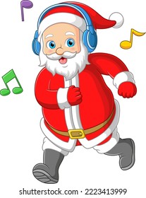 Santa claus dancing and listening music by big headphones of illustration