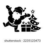 Santa Claus is dancing near Christmas tree with gifts. Vector icon isolated on transparent background