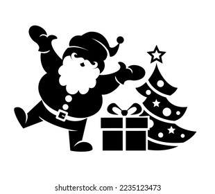 Papá Noel está bailando cerca del árbol de Navidad con regalos. Icono de vector aislado en fondo transparente