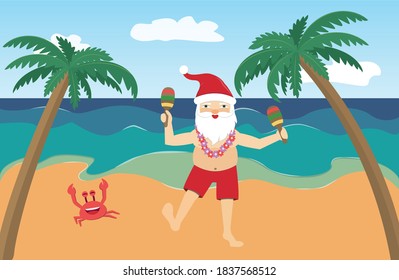 Santa Claus bailando en la playa del océano. Navidad en países calurosos, en las islas. Ilustración de vectores sobre el tema de Navidad o Año Nuevo