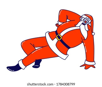 Santa Claus Dancing Stand on One Arm. Drunk Crazy Christmas Character in Red Traditional Costume Performing Modern Dance at Party or Xmas Celebration Isolated. Linear Vector Illustration