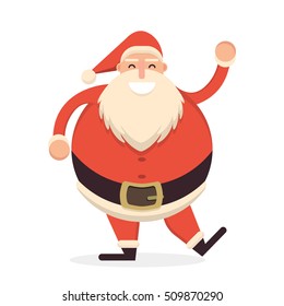 Santa Claus dancing and waving his hand in greeting pose. Cute cartoon cheerful and smiling Father Frost character. Flat style vector illustration