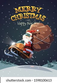 Santa Claus dashing through the snow on snowmobile