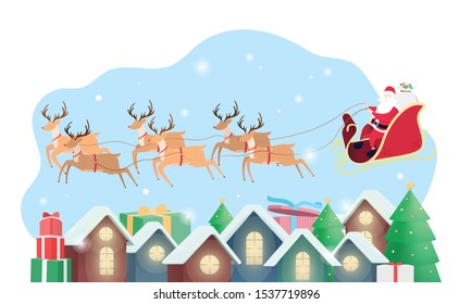 Santa Claus decorate christmas and driving on a sleigh. stuck in chimney winter snow landscape.