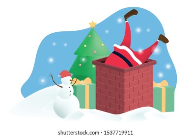 Santa Claus decorate christmas and driving on a sleigh. stuck in chimney winter snow landscape.