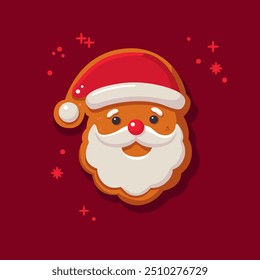 Santa Claus Decorated Christmas gingerbread cookie. Traditional winter holidays biscuit on red background. Flat vector illustration