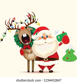 Santa Claus and decorated Reindeer taking selfie isolated on a white background