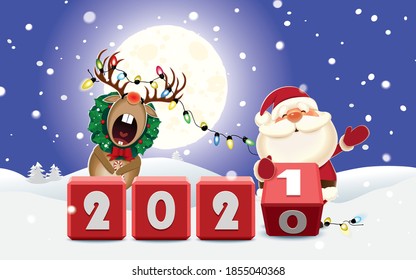 Santa Claus and decorated Reindeer with wreath and luminous electric garland changing date from 2020 to 2021 rotating cubes with numbers in a winter surroundings