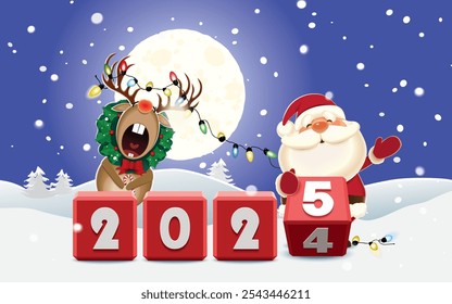 Papai Noel e rena decorada com grinalda e grinalda elétrica luminosa mudando data de 2024 a 2025 cubos rotativos com números em um ambiente de inverno