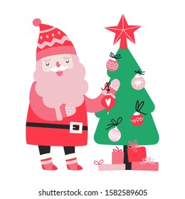 Santa Claus decorates a Christmas tree. Vector character illustration in white isolated background.