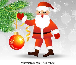 Santa claus decorates a christmas tree balls,vector illustration