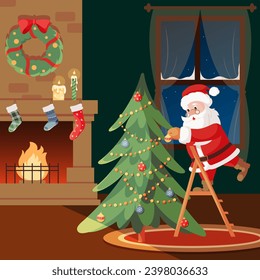 Santa Claus decorates the Christmas tree. Festive room with fireplace. For Christmas cards, banners, tags and labels. Holiday cartoon character