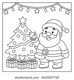Santa Claus decorates the Christmas tree and presents. Illustration of a children's coloring book in celebration of the winter season